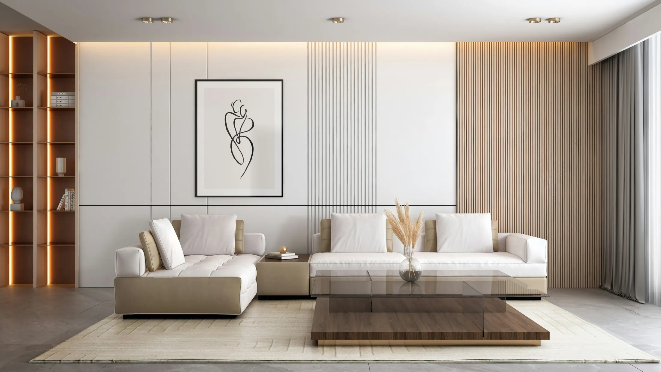Contemporary lounge with vertical timber slat panelling, cream and taupe modular seating, a low walnut coffee table and warm backlit shelving