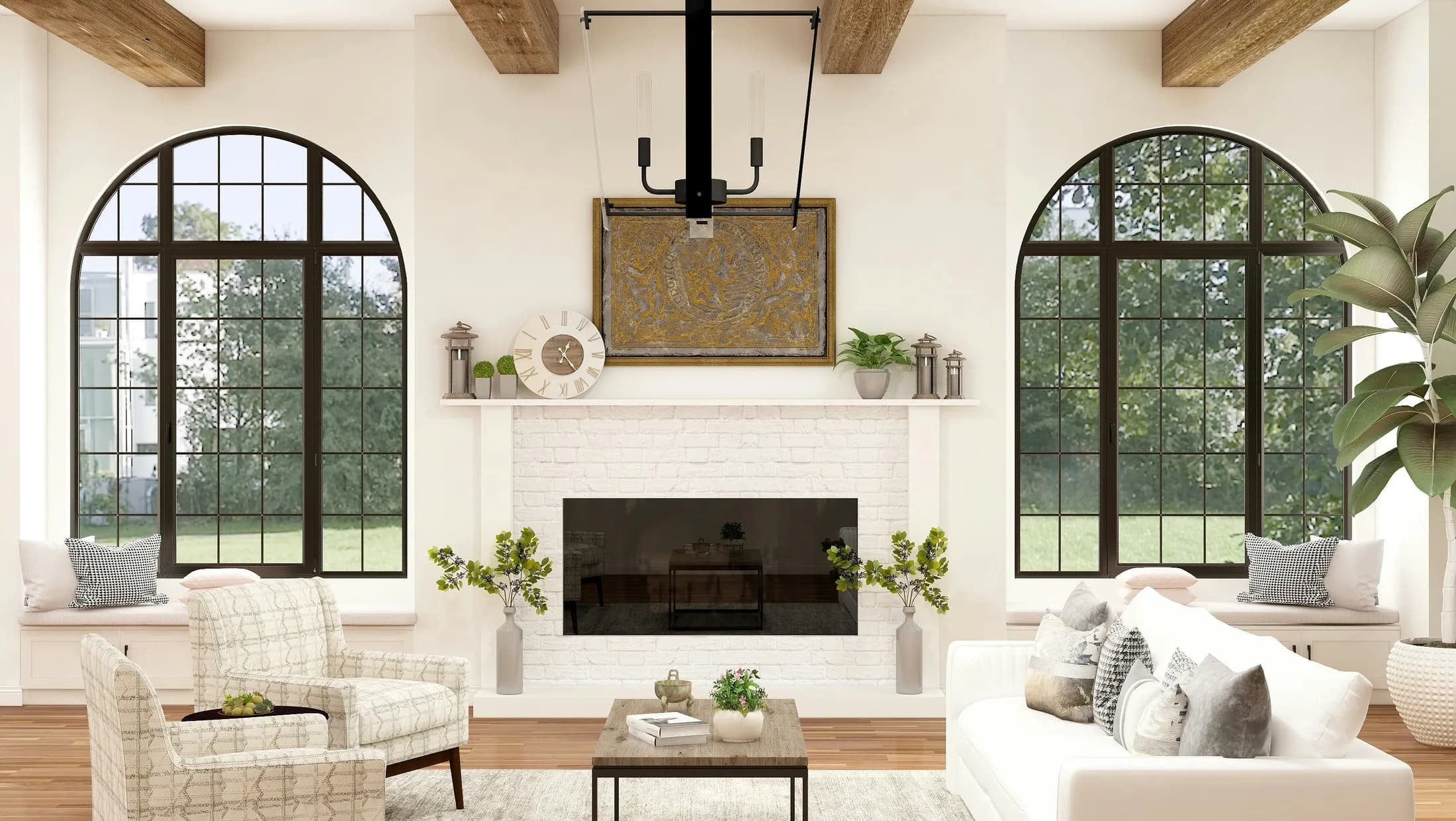 Double-height living room with exposed timber beams, tall arched black-framed windows either side of a white brick fireplace, and built-in window seats